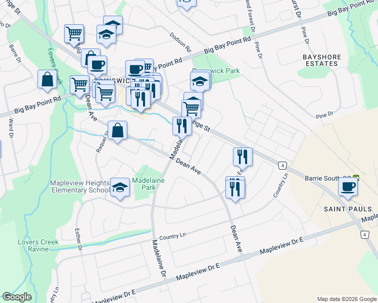 map of restaurants, bars, coffee shops, grocery stores, and more near 33 Madelaine Drive in Barrie