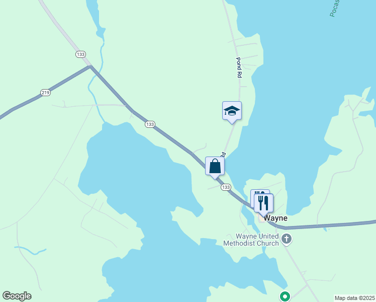 map of restaurants, bars, coffee shops, grocery stores, and more near Maine 133 in Wayne