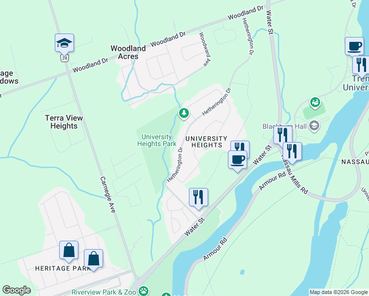 map of restaurants, bars, coffee shops, grocery stores, and more near 1348 Hetherington Drive in Peterborough