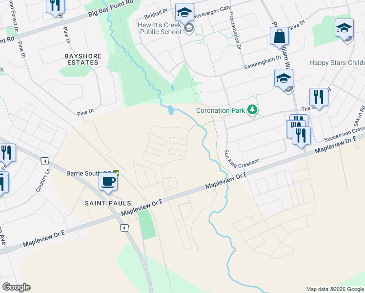 map of restaurants, bars, coffee shops, grocery stores, and more near 5 Red Maple Lane in Barrie