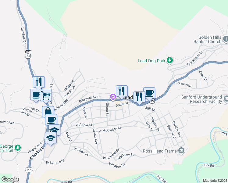 map of restaurants, bars, coffee shops, grocery stores, and more near 412 Miners Avenue in Lead