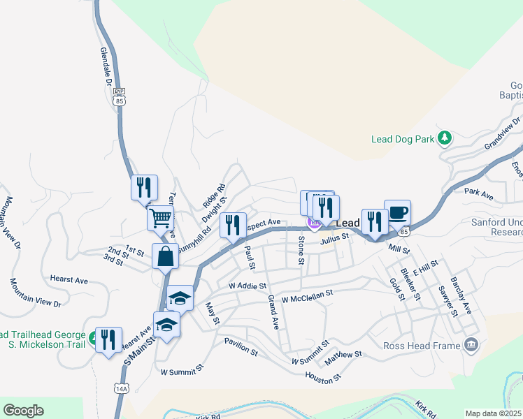 map of restaurants, bars, coffee shops, grocery stores, and more near 602 Miners Avenue in Lead