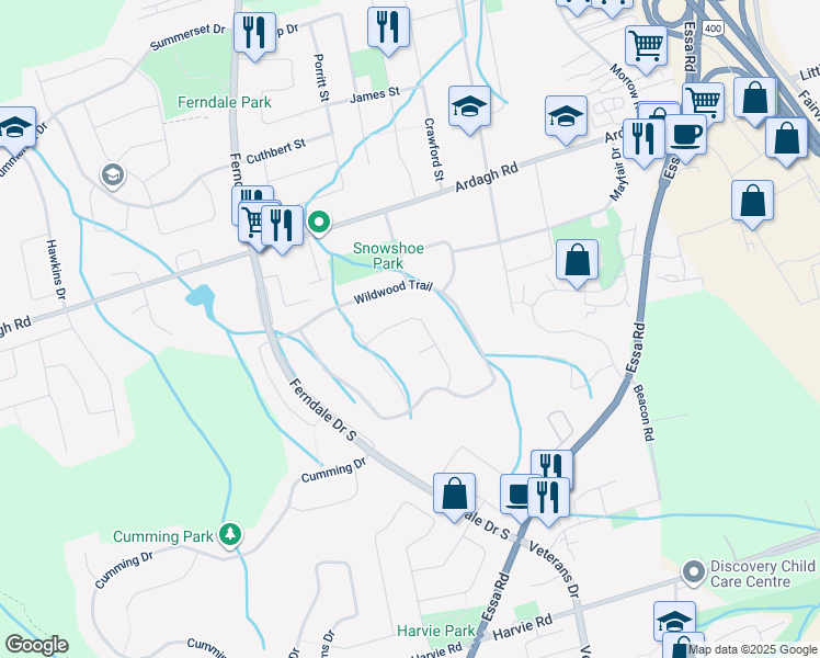 map of restaurants, bars, coffee shops, grocery stores, and more near 22 Fawn Crescent in Barrie