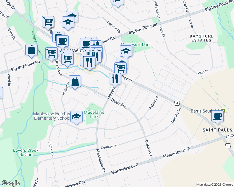 map of restaurants, bars, coffee shops, grocery stores, and more near 35 Madelaine Drive in Barrie