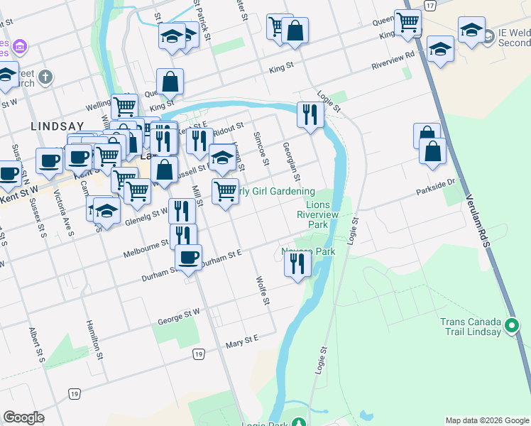 map of restaurants, bars, coffee shops, grocery stores, and more near 41 Melbourne Street East in Kawartha Lakes
