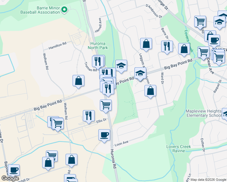 map of restaurants, bars, coffee shops, grocery stores, and more near 411 Huronia Road in Barrie