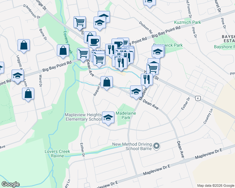 map of restaurants, bars, coffee shops, grocery stores, and more near 78 Russell Hill Drive in Barrie