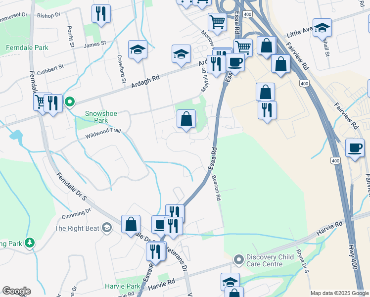 map of restaurants, bars, coffee shops, grocery stores, and more near 24 Loggers Run in Barrie