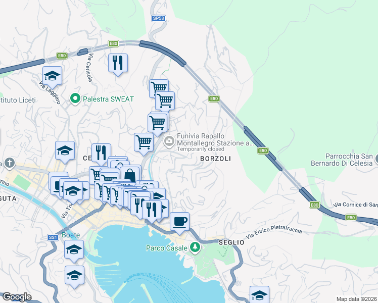 map of restaurants, bars, coffee shops, grocery stores, and more near 2 Via dei Gerani in Rapallo