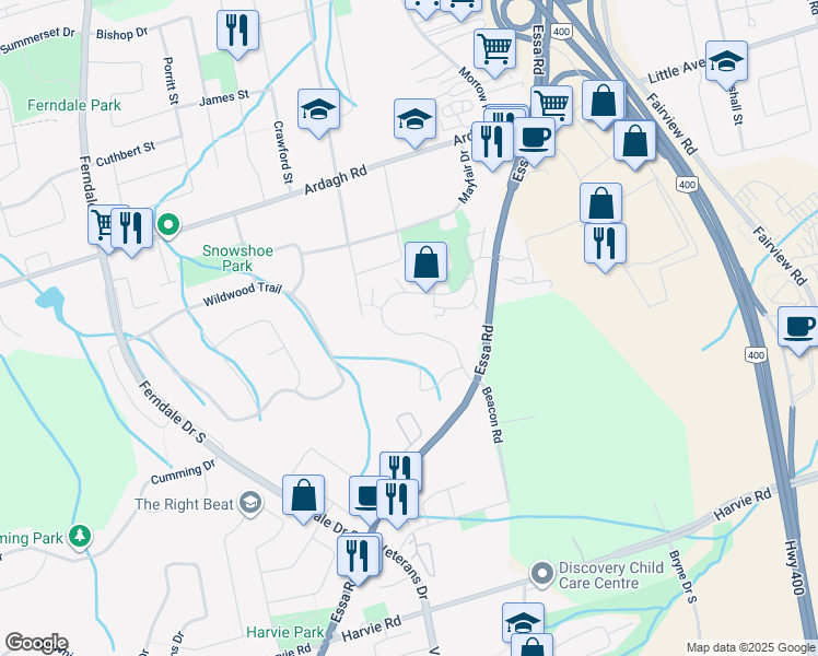 map of restaurants, bars, coffee shops, grocery stores, and more near in Barrie