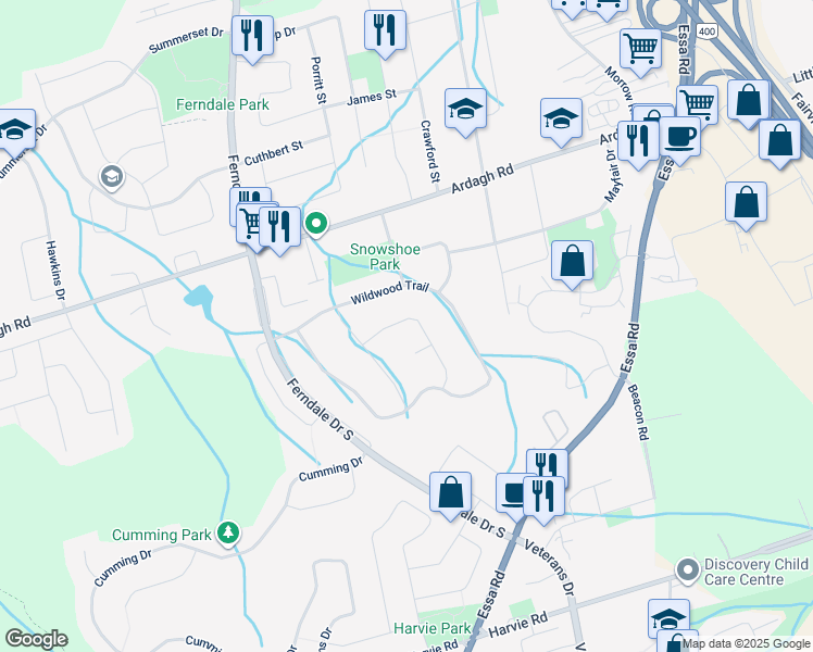 map of restaurants, bars, coffee shops, grocery stores, and more near 22 Fawn Crescent in Barrie