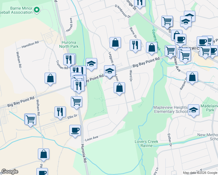map of restaurants, bars, coffee shops, grocery stores, and more near 349 Big Bay Point Road in Barrie