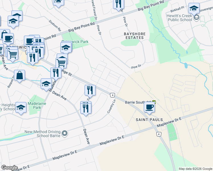 map of restaurants, bars, coffee shops, grocery stores, and more near 58 Fairlane Avenue in Barrie