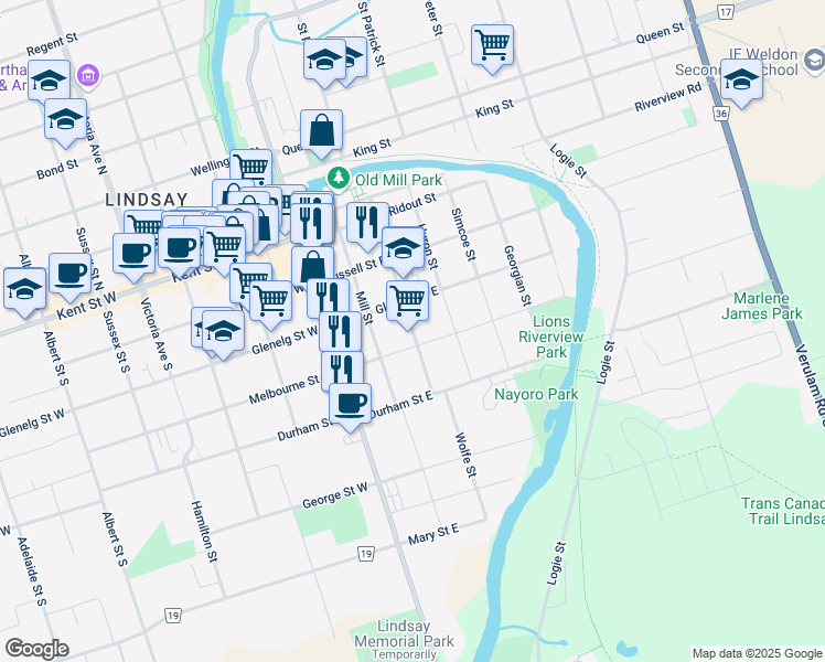 map of restaurants, bars, coffee shops, grocery stores, and more near 33 Saint Lawrence Street in Lindsay