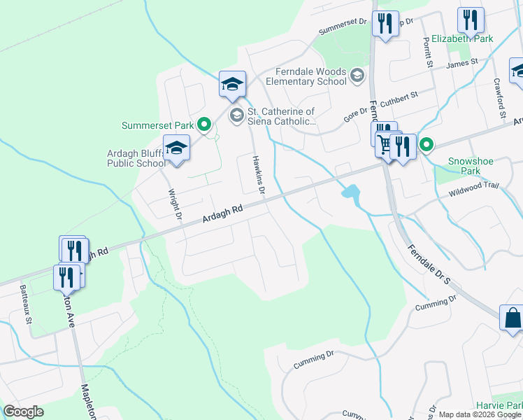 map of restaurants, bars, coffee shops, grocery stores, and more near 4 Dunnett Drive in Barrie