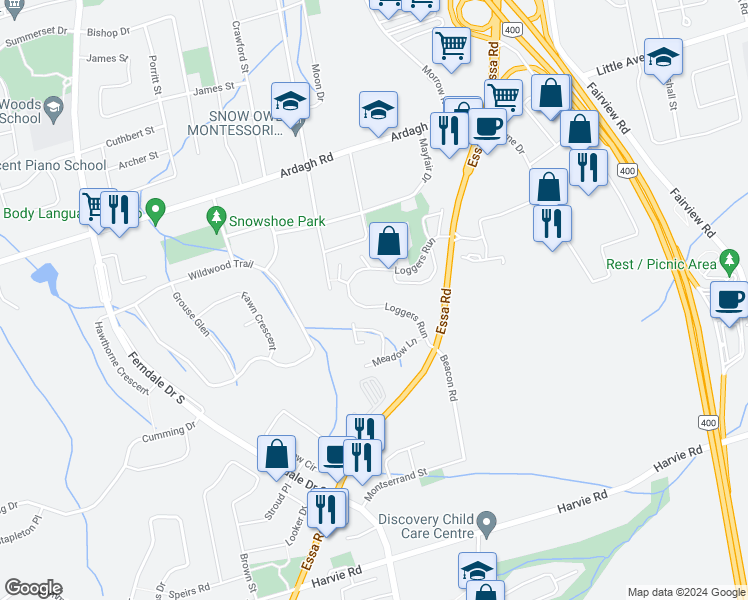 map of restaurants, bars, coffee shops, grocery stores, and more near 30 Loggers Run in Barrie