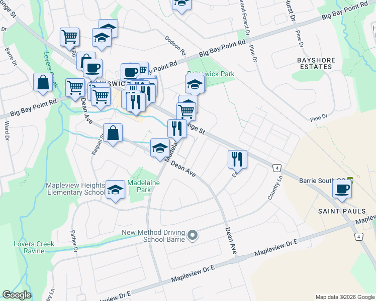 map of restaurants, bars, coffee shops, grocery stores, and more near 31 Madelaine Drive in Barrie