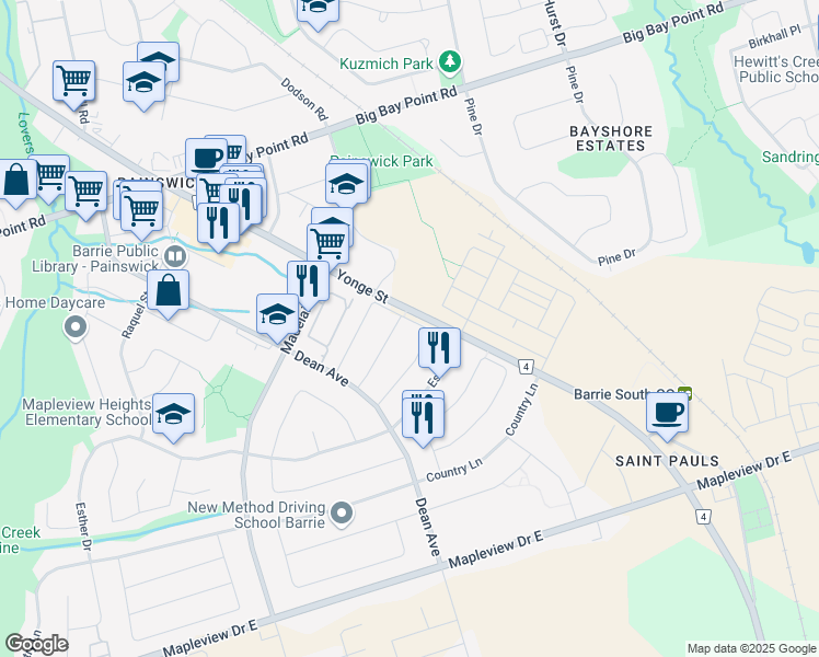 map of restaurants, bars, coffee shops, grocery stores, and more near 101 Raymond Crescent in Barrie