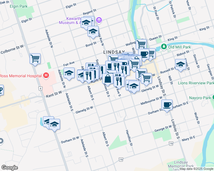 map of restaurants, bars, coffee shops, grocery stores, and more near 211 Kent Street West in Kawartha Lakes