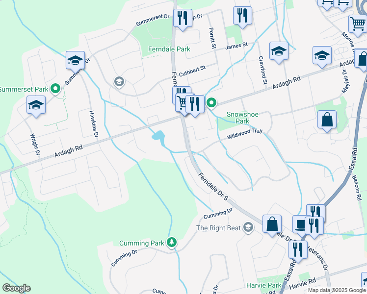 map of restaurants, bars, coffee shops, grocery stores, and more near 266 Ferndale Drive South in Barrie