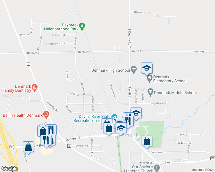 map of restaurants, bars, coffee shops, grocery stores, and more near 472 Scandinavian Court in Denmark