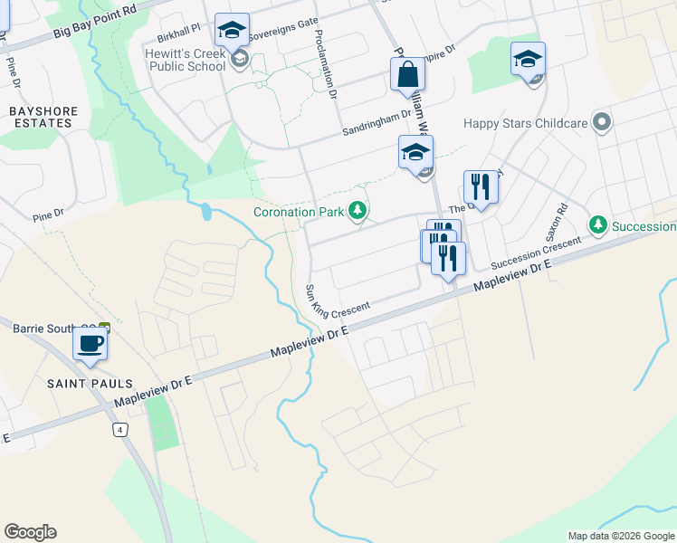 map of restaurants, bars, coffee shops, grocery stores, and more near 3 Majesty Boulevard in Barrie