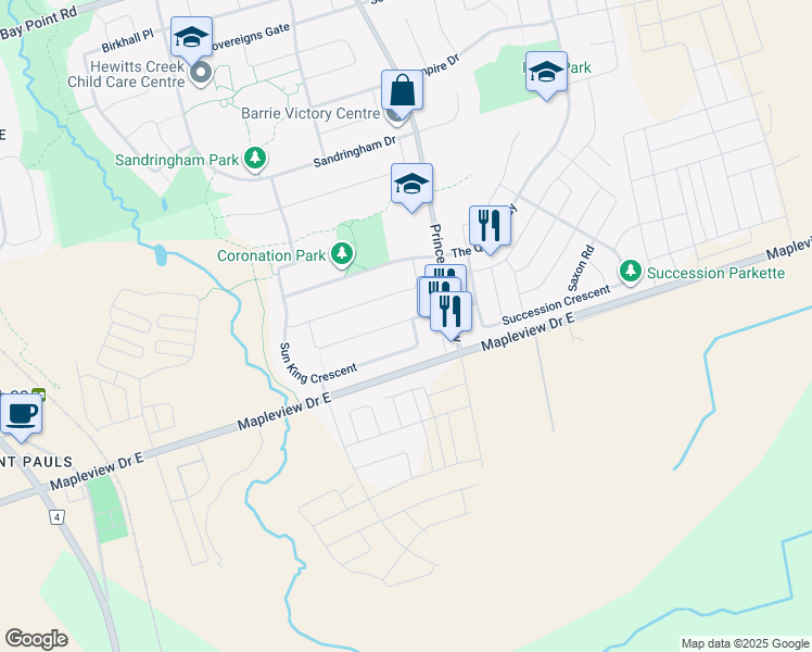 map of restaurants, bars, coffee shops, grocery stores, and more near 147 Sun King Crescent in Barrie