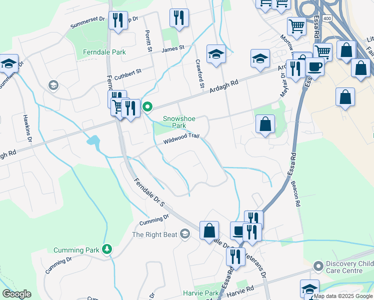 map of restaurants, bars, coffee shops, grocery stores, and more near 22 Fawn Crescent in Barrie