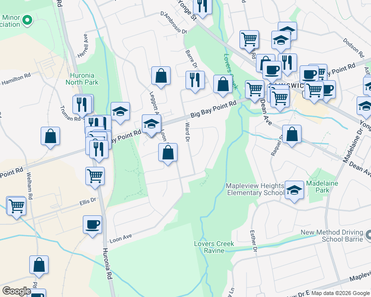 map of restaurants, bars, coffee shops, grocery stores, and more near 96 Ward Drive in Barrie