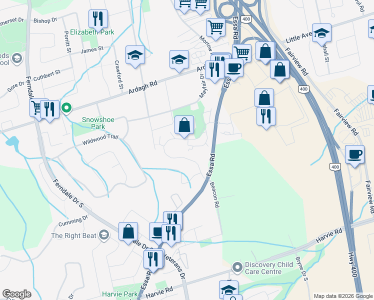 map of restaurants, bars, coffee shops, grocery stores, and more near in Barrie
