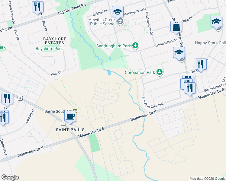 map of restaurants, bars, coffee shops, grocery stores, and more near in Barrie