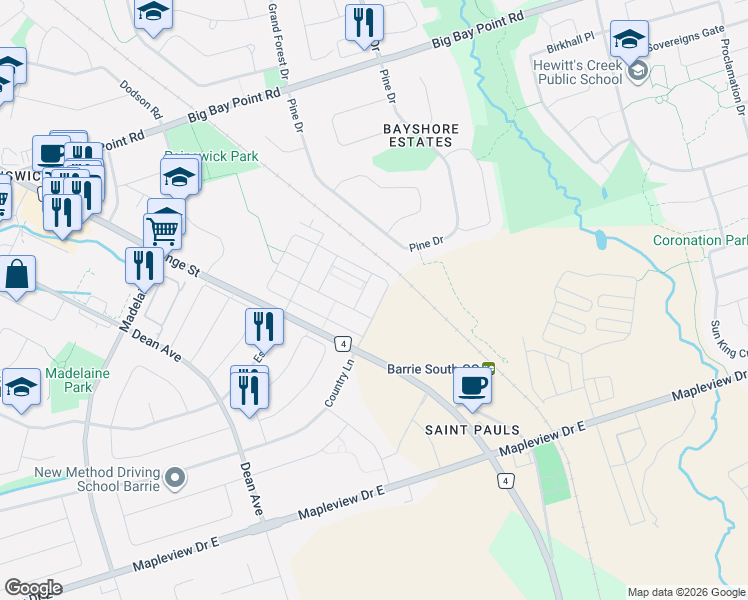 map of restaurants, bars, coffee shops, grocery stores, and more near 257 Pine Drive in Barrie