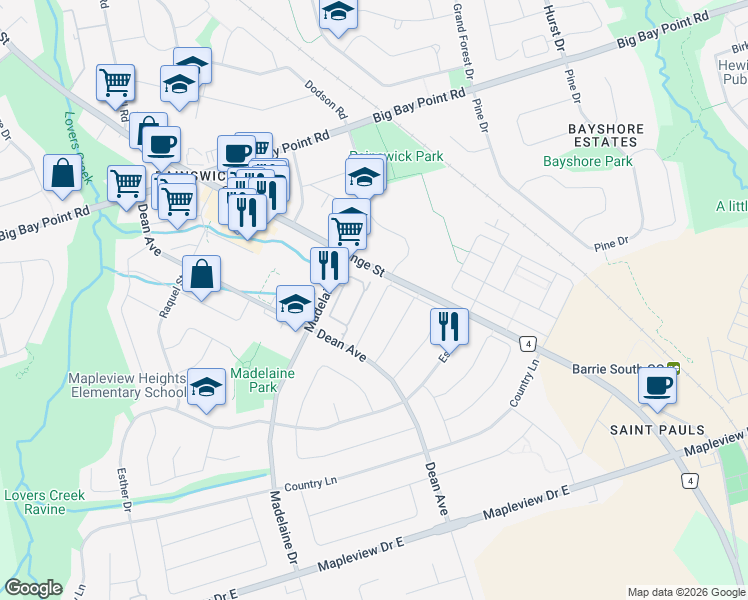 map of restaurants, bars, coffee shops, grocery stores, and more near 60 Raymond Crescent in Barrie