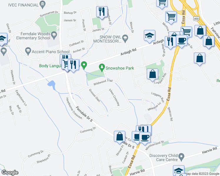 map of restaurants, bars, coffee shops, grocery stores, and more near 22 Fawn Crescent in Barrie
