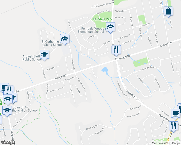 map of restaurants, bars, coffee shops, grocery stores, and more near 10 Saint Brunos Circle in Barrie