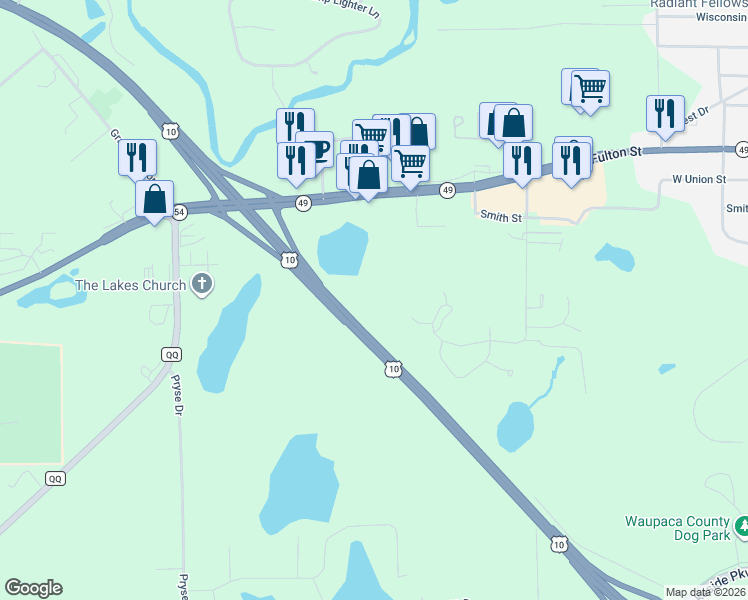 map of restaurants, bars, coffee shops, grocery stores, and more near 1021 Charles Wright Drive in Waupaca