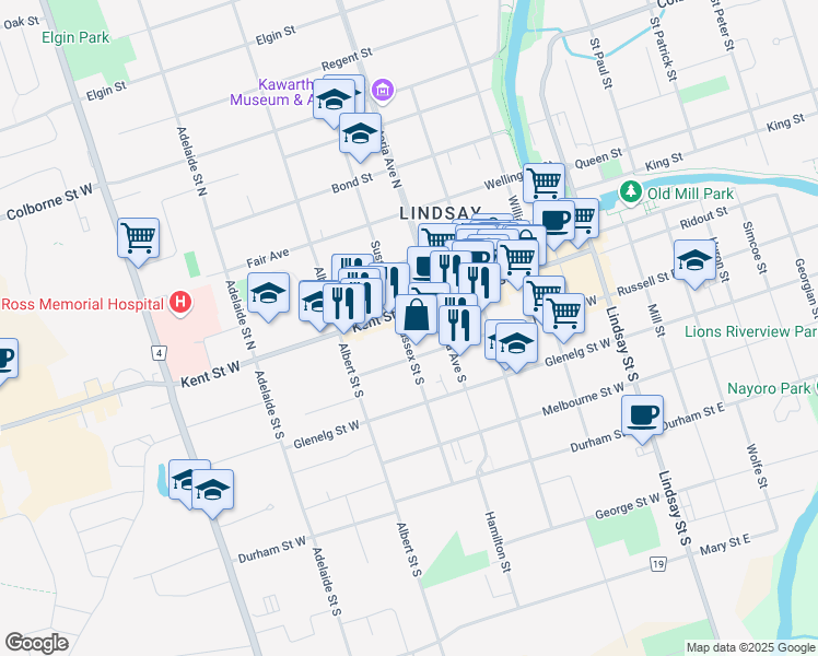 map of restaurants, bars, coffee shops, grocery stores, and more near 211 Kent Street West in Kawartha Lakes