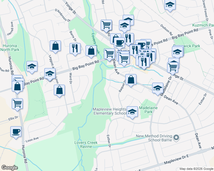 map of restaurants, bars, coffee shops, grocery stores, and more near 89 Grace Crescent in Barrie
