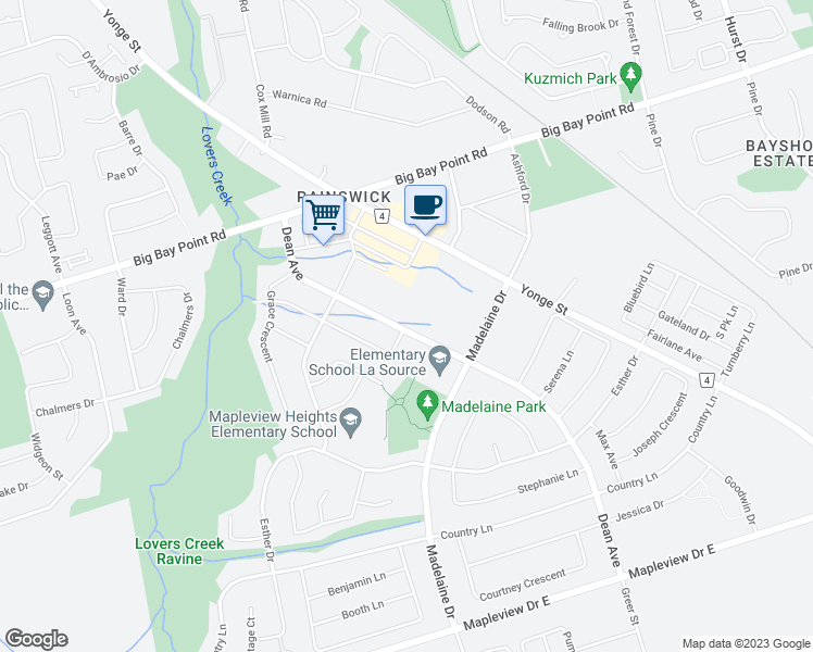 map of restaurants, bars, coffee shops, grocery stores, and more near 74 Dean Avenue in Barrie