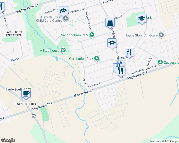 map of restaurants, bars, coffee shops, grocery stores, and more near 22 Monarchy Street in Barrie