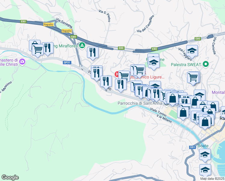 map of restaurants, bars, coffee shops, grocery stores, and more near 6 Via Luigi Arpinati in Rapallo
