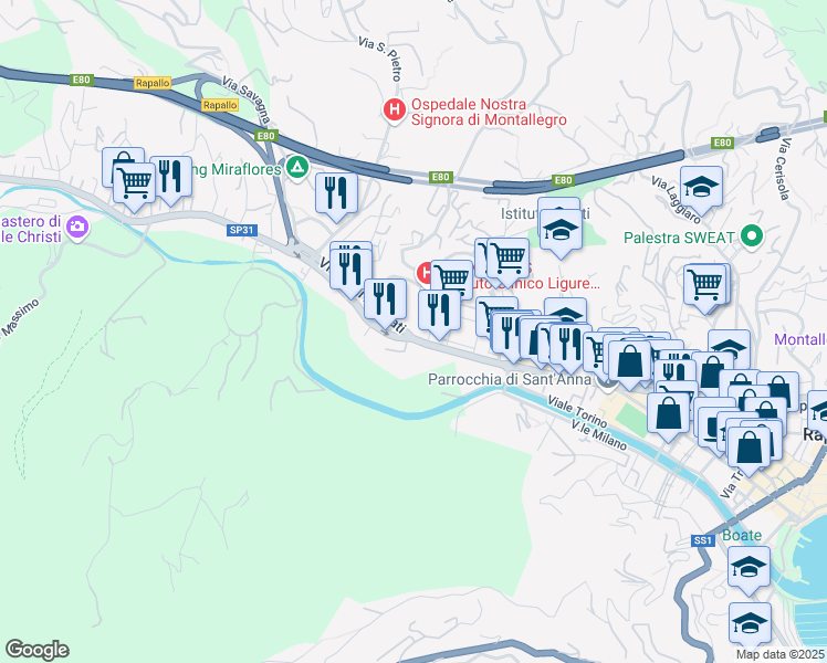 map of restaurants, bars, coffee shops, grocery stores, and more near 6 Via Luigi Arpinati in Rapallo