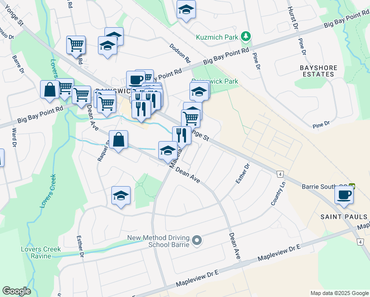 map of restaurants, bars, coffee shops, grocery stores, and more near 39 Madelaine Drive in Barrie