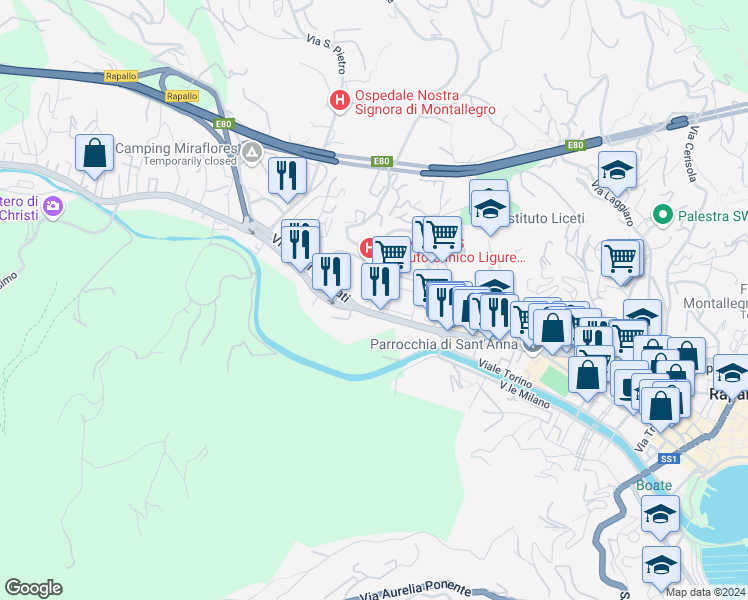 map of restaurants, bars, coffee shops, grocery stores, and more near 3 Via Tito Speri in Rapallo