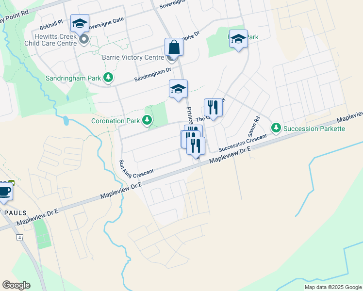 map of restaurants, bars, coffee shops, grocery stores, and more near 87 Majesty Boulevard in Barrie