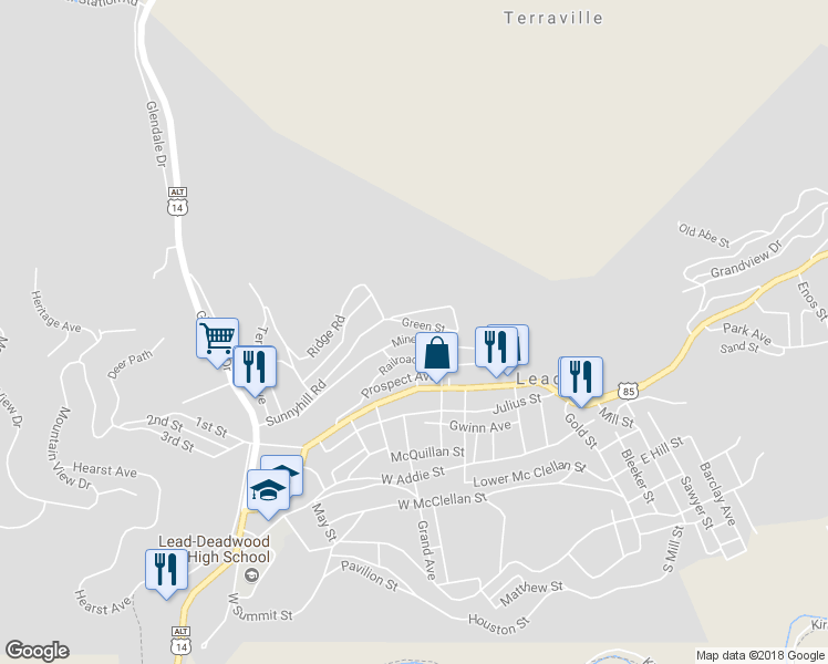 map of restaurants, bars, coffee shops, grocery stores, and more near 602 Miners Avenue in Lead