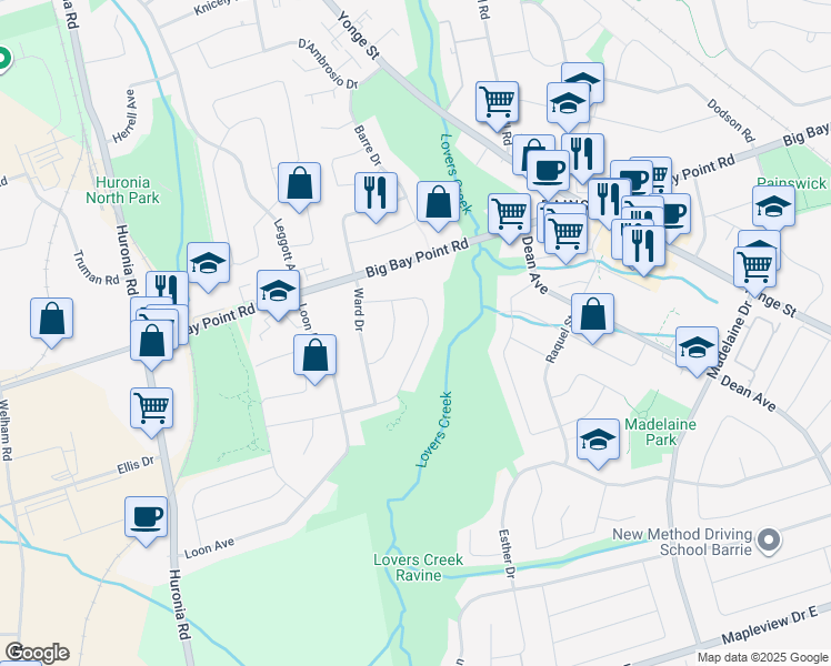 map of restaurants, bars, coffee shops, grocery stores, and more near 43 Chalmers Drive in Barrie