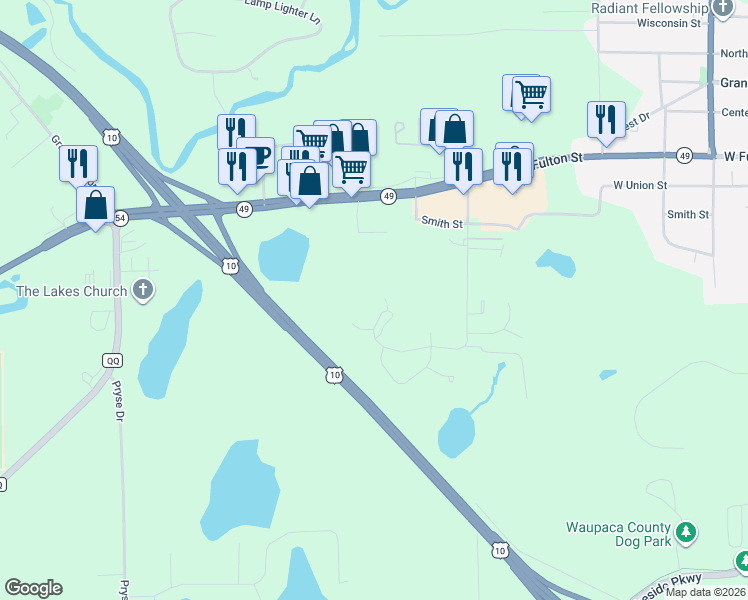 map of restaurants, bars, coffee shops, grocery stores, and more near 1021 Charles Wright Drive in Waupaca