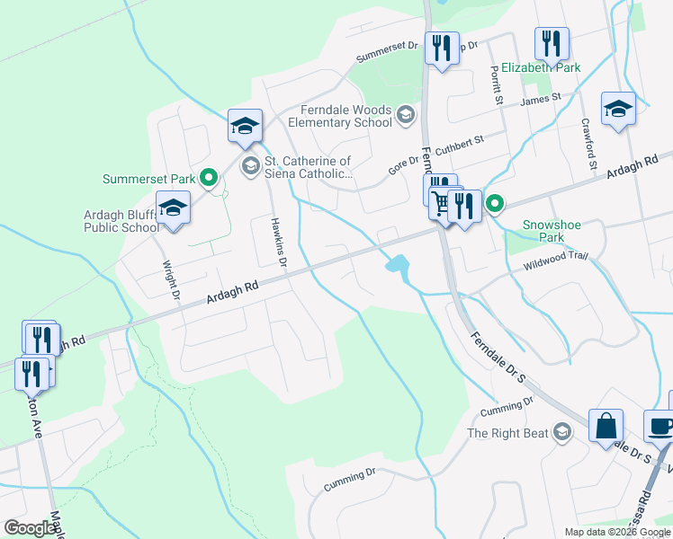 map of restaurants, bars, coffee shops, grocery stores, and more near 10 Saint Brunos Circle in Barrie