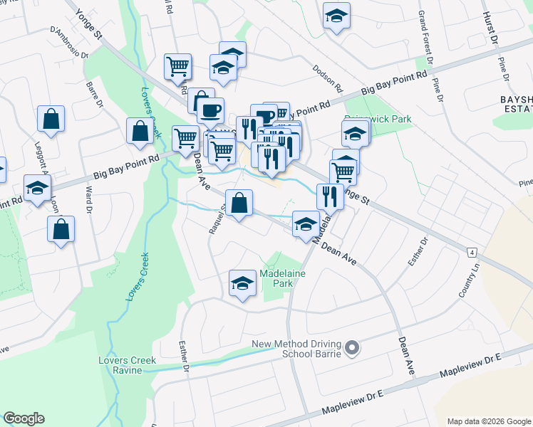 map of restaurants, bars, coffee shops, grocery stores, and more near 70 Dean Avenue in Barrie